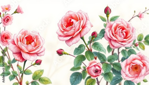 Wallpaper Mural Delicate watercolor garden roses, pink blossoms, leaves, branches; botanical illustration , pink flowers, collection Torontodigital.ca
