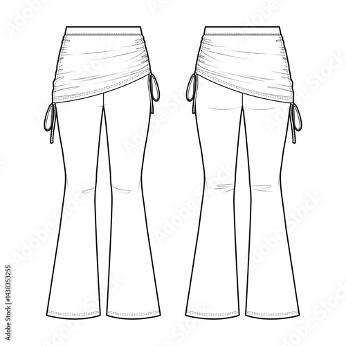 Technical flat sketch of Skirt-layered pants. This yoga outfit features skirt-over-pants for a stylish layered look. Skirt-over-pants with wrap skirt and drawstring straps. flared pants. 