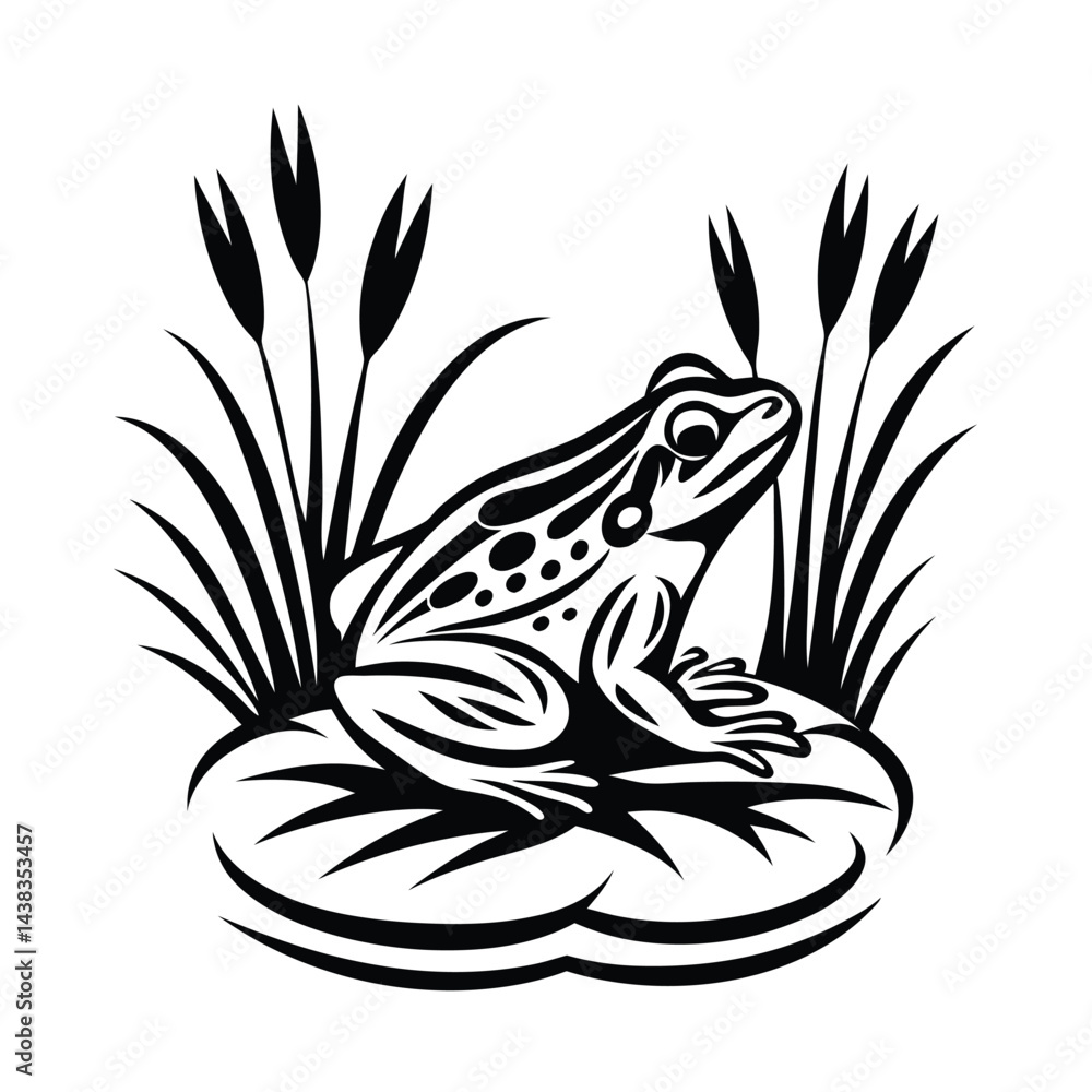 Obraz premium Detailed Black & White Frog Sitting on Lily Pad with Cattails in BackgroundMonochrome