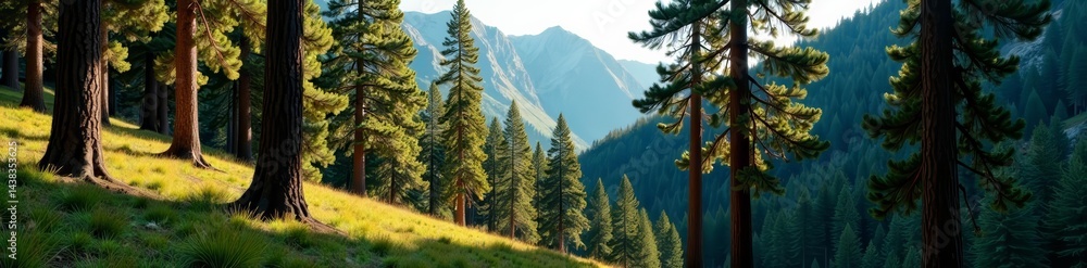 Fototapeta premium Dense grove of mature ponderosa pine trees in a mountain forest, wilderness, greenery, natural