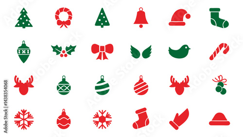 Red and green icon set of christmas on tranparent background