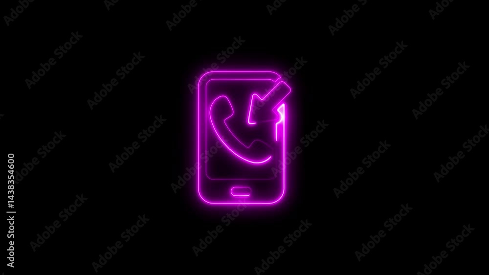 Glowing neon incoming call icon animation on smartphone black background Glowing neon incoming call icon animation on smartphone black background