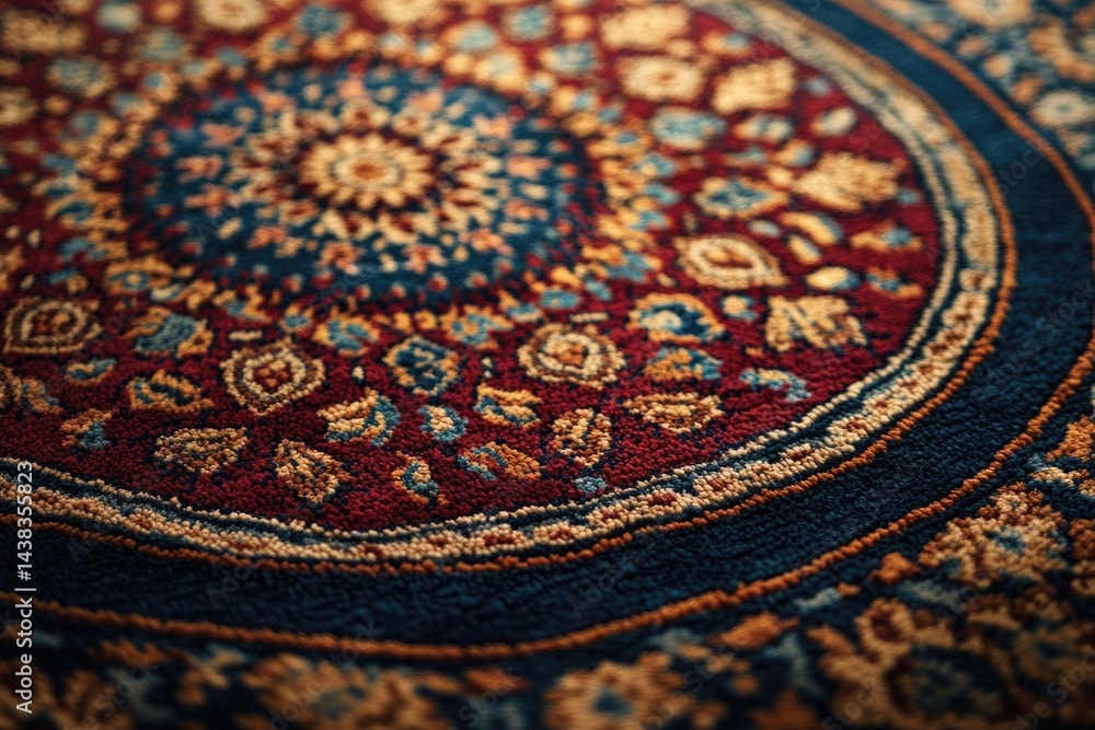 Intricate circular rug design with rich, deep colors and detailed floral patterns. Intricate circular rug design with rich, deep colors and detailed floral patterns.