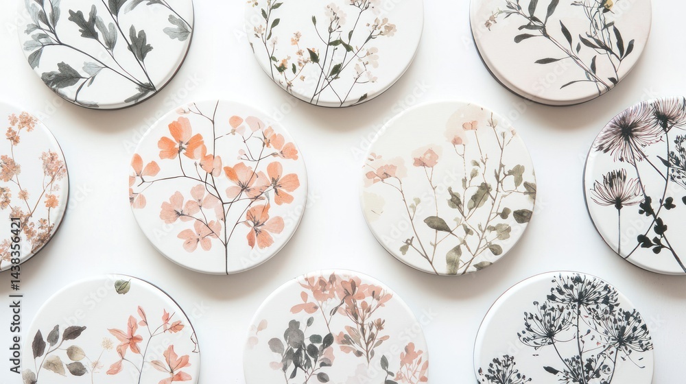 Circular panels with soft pastel botanical prints on white background. Circular panels with soft pastel botanical prints on white background.