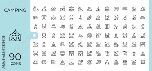 Camping icon set. Included tourism, tour, hiking, kayak, tent, travel and more. Line icons with editable stroke. Camp icon set. Editable stroke. Vector illustration.