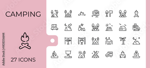 Camping icon set. Included tourism, tour, hiking, kayak, tent, travel and more. Line icons with editable stroke. Camp icon set. Editable stroke. Vector illustration.