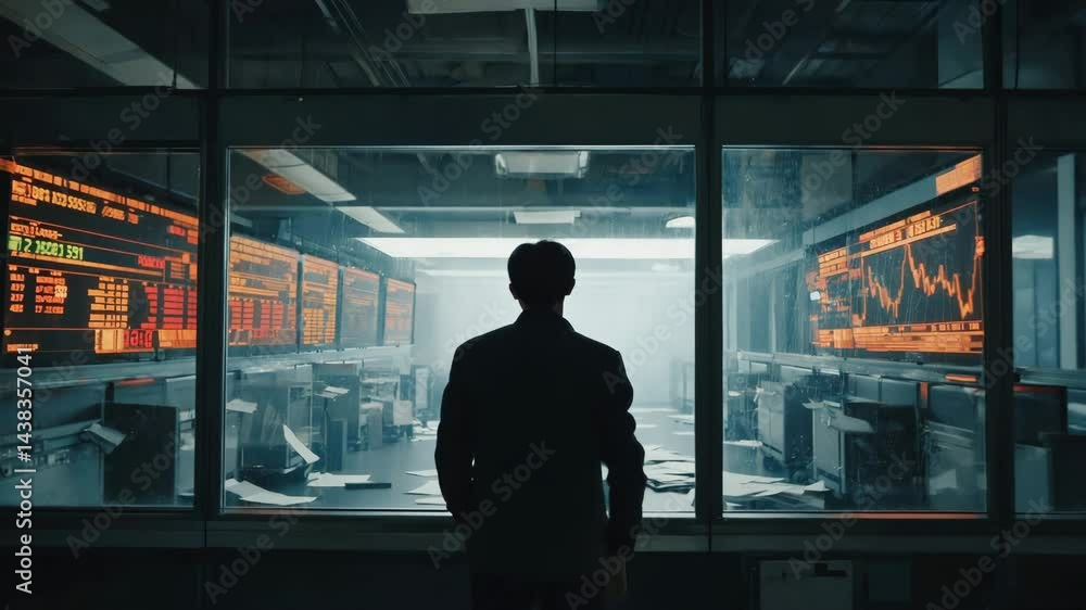 Silhouetted Figure Contemplating Data Streams in a Dimly Lit Control Room Silhouetted Figure Contemplating Data Streams in a Dimly Lit Control Room