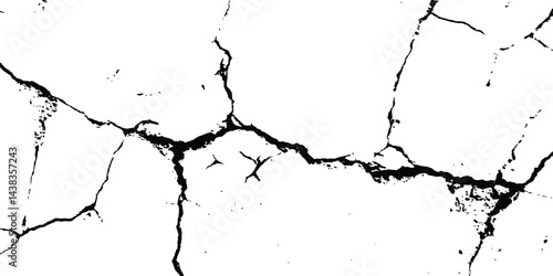 Black and white cracks illustration transparent white background. Black cracks on a white background. Cracks texture for design. Abstract illustration texture of cracks, chips
