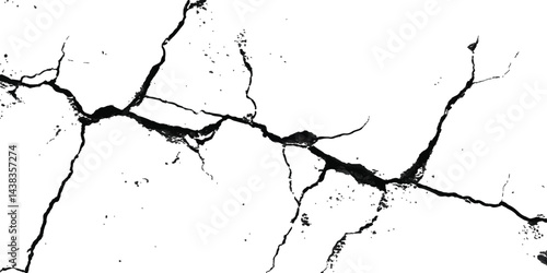 Black and white cracks illustration transparent white background. Black cracks on a white background. Cracks texture for design. Abstract illustration texture of cracks, chips
