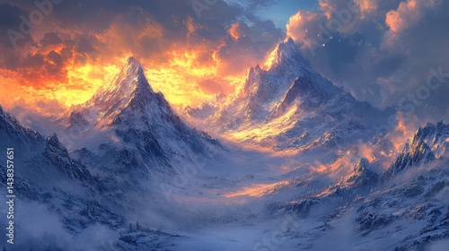 Fototapeta Naklejka Na Ścianę i Meble -  A dramatic mountain landscape with jagged peaks, snow-covered slopes, and a dramatic sky full of clouds, epic nature shot