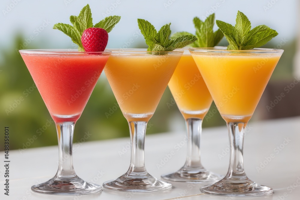 Fototapeta premium Three colorful cocktails garnished with mint and fruit placed in clear triangle glasses on reflective surface against soft gradient background in studio light