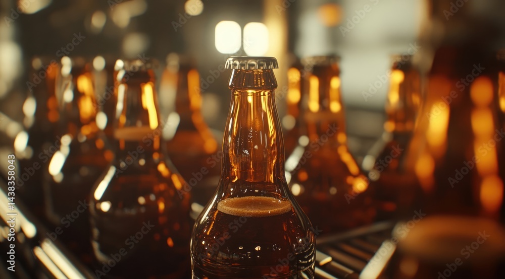 Close-up of a capped brown beer bottle in a production line. Close-up of a capped brown beer bottle in a production line.