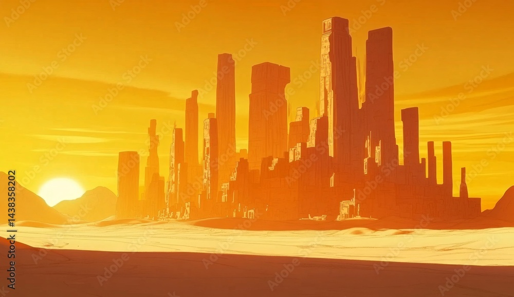 Sun-drenched, ruined city in a desert landscape Sun-drenched, ruined city in a desert landscape