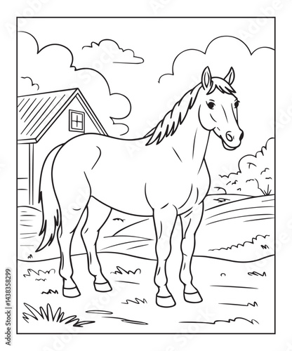 Horse coloring page for kids, black line art vector illustration on white background