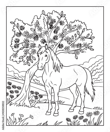 Horse coloring page for kids, black line art vector illustration on white background
