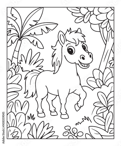 Horse coloring page for kids, black line art vector illustration on white background