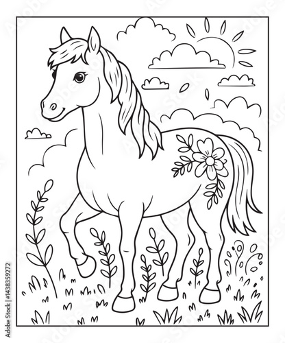 Horse coloring page for kids, black line art vector illustration on white background