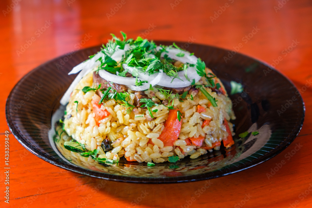 pilaf with meat on plate, selective focus pilaf with meat on plate, selective focus