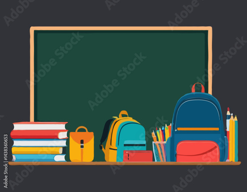 Back to School Vector Banner with School Supplies, Backpacks, and Chalkboard for Education-themed Marketing and Promotional Materials.
