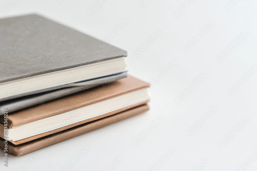 A stack of three closed notebooks with gray, beige, and brown covers sits on a white surface. A stack of three closed notebooks with gray, beige, and brown covers sits on a white surface.