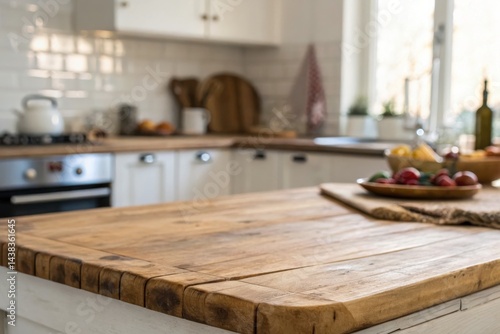 Cozy Kitchen Interior with Wooden Table and Fresh Fruits on Sunny Day