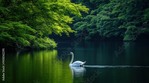 Fototapeta Naklejka Na Ścianę i Meble -  A serene lakeside scene with a lone swan swimming gracefully in the water, surrounded by lush greenery