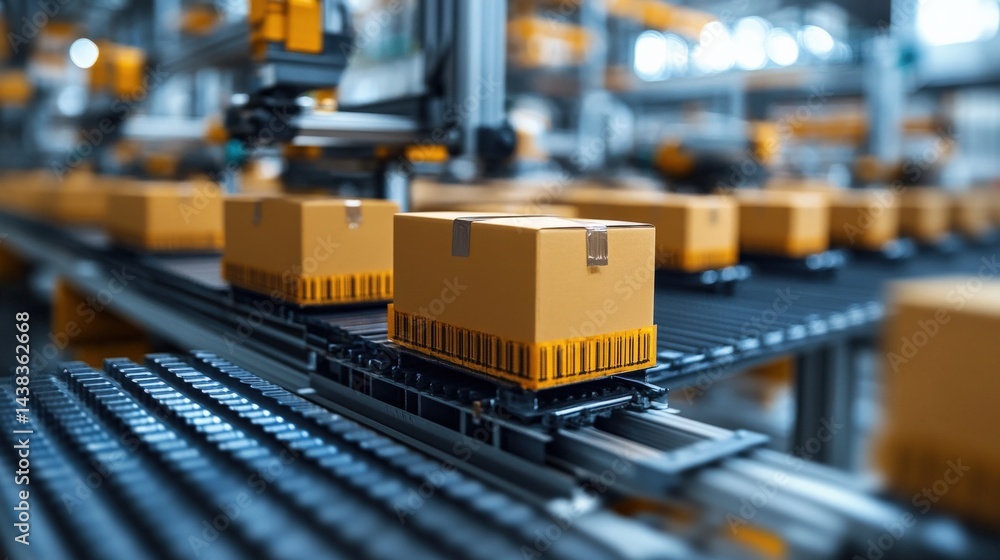 Automated conveyor system transporting packages in a busy warehouse with machinery in the background Automated conveyor system transporting packages in a busy warehouse with machinery in the background