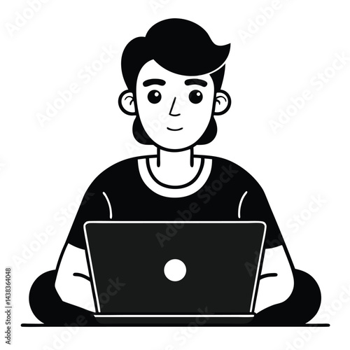 Silhouette Young Adult Man with Laptop Sitting CrossLegged Monochrome Style