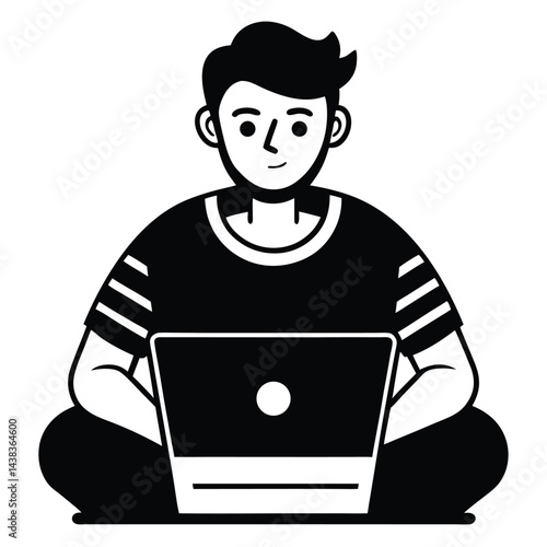 Monochromatic Man on Laptop Sitting Crosslegged, Calm Demeanor, Minimalist Style