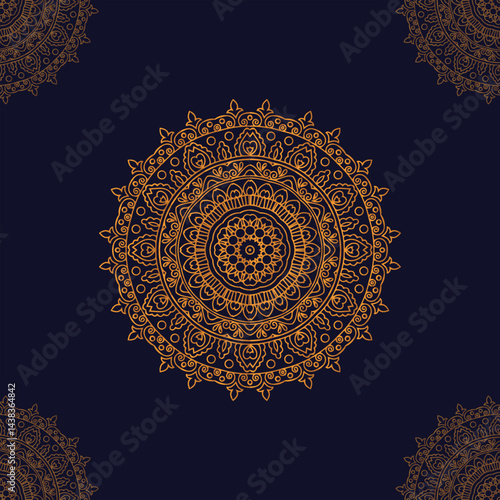 Intricate Gold Mandala on Deep Navy Blue Background, Symmetrical Floral and Leaf Design, Ornate Traditional Decorative Art for Meditation and Calm