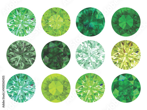 A set of green gemstones and diamonds round shaped cutting