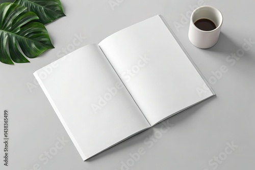 Blank Open Book with Coffee and Leaf, Mockup for Design