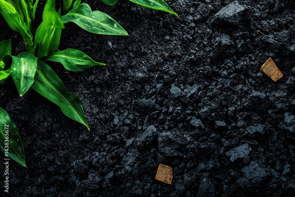 Naklejka premium Dark Soil with Fresh Green Plant Growth