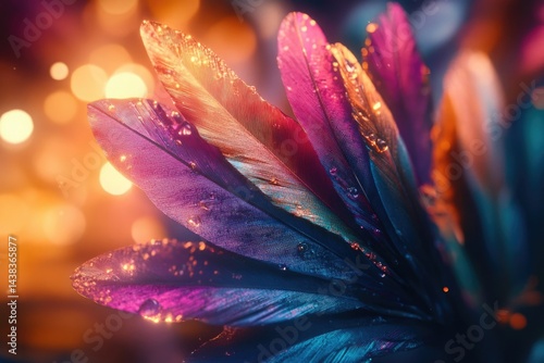 Vibrant, iridescent feathers with water droplets, glowing in warm light.