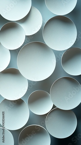 Abstract white circles, overlapping, soft shadows, blue background, design element