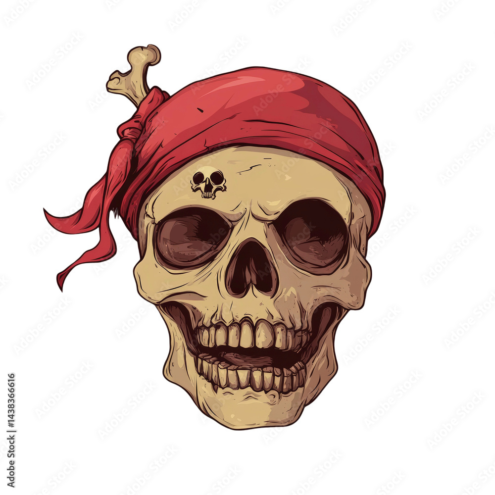 Fototapeta premium Detailed Illustration of a Pirate Skull with a Red Bandana and Crossbones on a Black Background for Halloween and Adventure Themes
