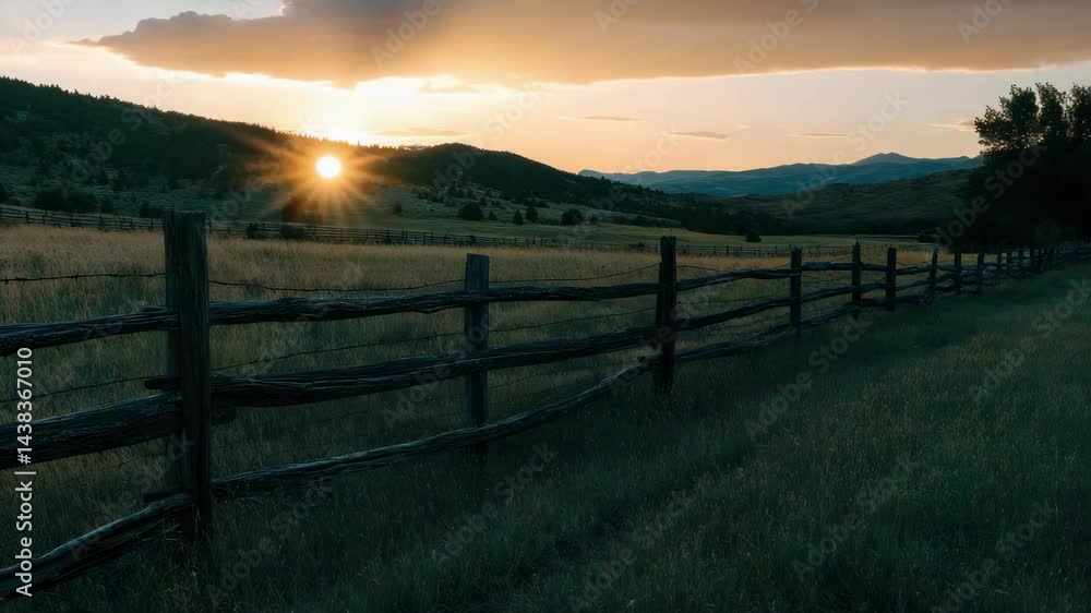 Golden hour sun over a barren field and weathered wooden fence, conveying serenity and isolation. Golden hour sun over a barren field and weathered wooden fence, conveying serenity and isolation.
