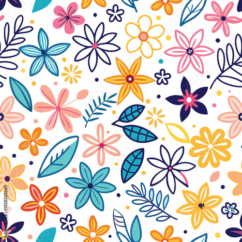 Colorful floral pattern with various flowers and leaves