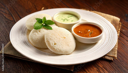 South Indian famous break fast idly with chutneys and sambar in a plate closeup with selective focus and blur. serving  vegetarian breakfast of South Indian restaurant Kerala Tamil Nadu India Srilanka
