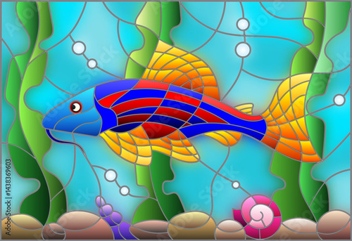 Illustration in stained glass style with a bright catfish on the background of water and algae