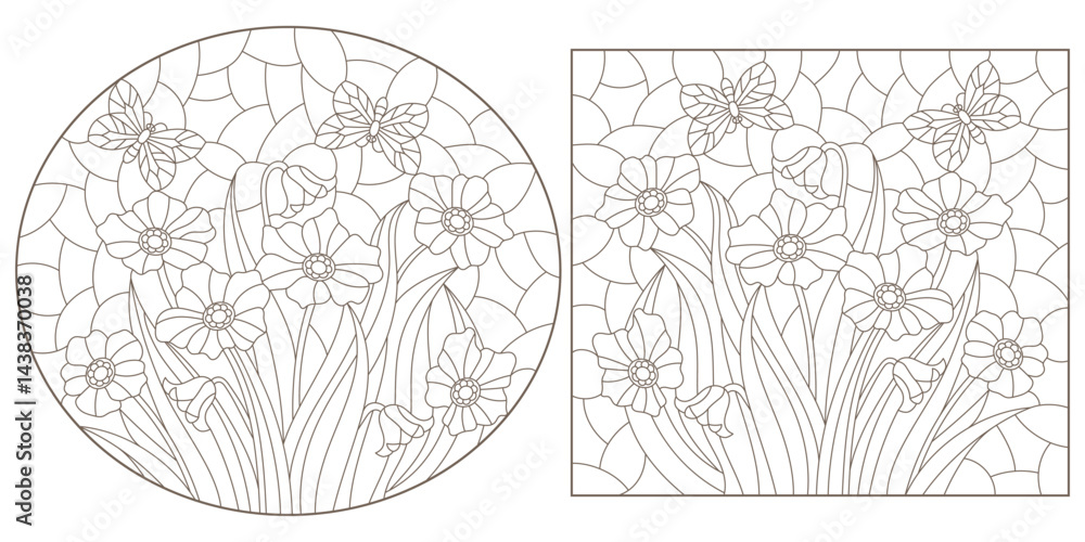 Obraz premium Set of contour illustrations in the style of stained glass with bouquets of flowers and butterflies