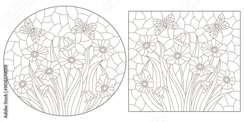 Set of contour illustrations in the style of stained glass with bouquets of flowers and butterflies 