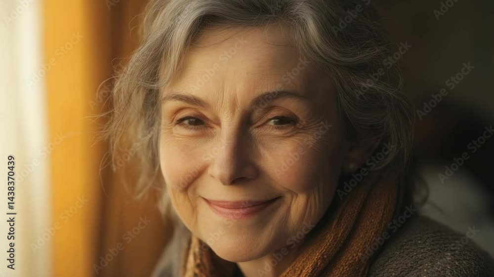 A woman with gray hair smiling, depicting a sense of wisdom and life's experiences. A woman with gray hair smiling, depicting a sense of wisdom and life's experiences.