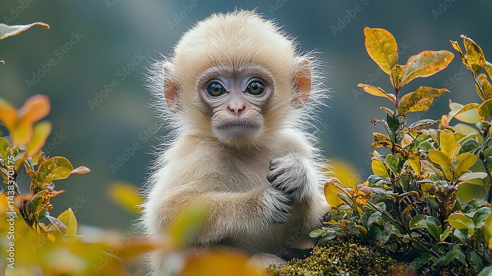 Fototapeta premium Adorable baby monkey in foliage, mountain background; wildlife conservation