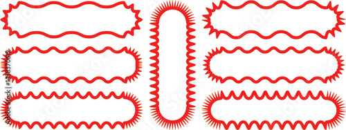 ,Set of frames with zigzag edge, scallop edge shape.Red  Zig zag Wavy Edge Rectangle, Vector Jagged Geometric Shapes. Oval, Circle Stickers Set. Abstract Elements for Frame, Stamp,