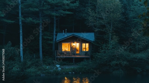 Rustic cabin illuminated by interior light, nestled in a serene forest beside a tranquil lake at night.
