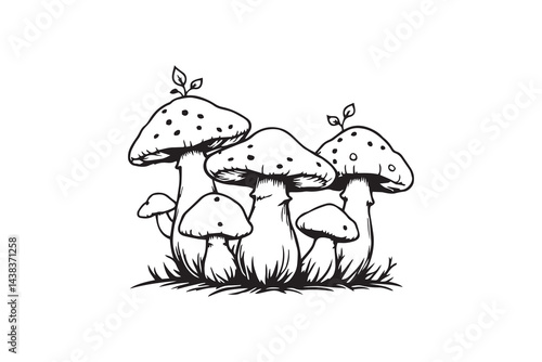 Mushroom with leaves line art