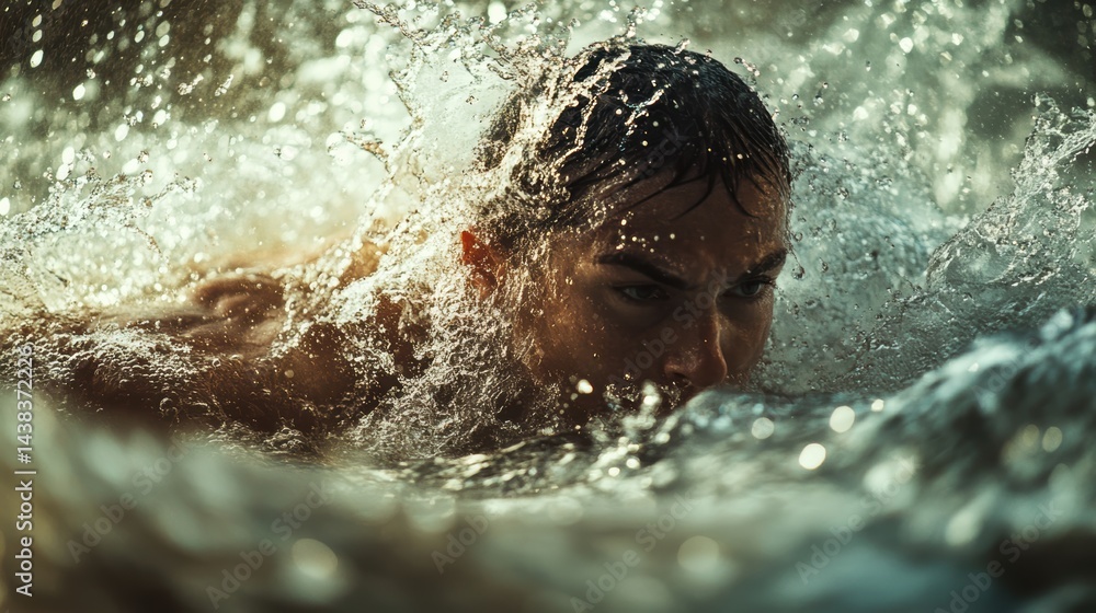 Fototapeta premium A high-speed shot of a professional swimmer performing a butterfly stroke, water splashing around, intense competition moment