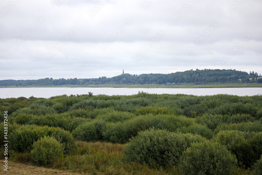 A vast landscape with a swamp covered in low bushes and grass in the foreground, behind which a calm body of water stretches out and further on a forest with a building tower on the horizon under a c