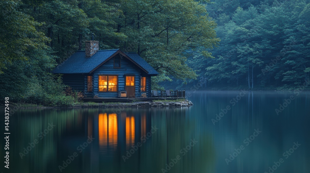 A tranquil evening at a lakeside cabin, the warm light from the windows reflecting on the calm water, peaceful retreat A tranquil evening at a lakeside cabin, the warm light from the windows reflecting on the calm water, peaceful retreat